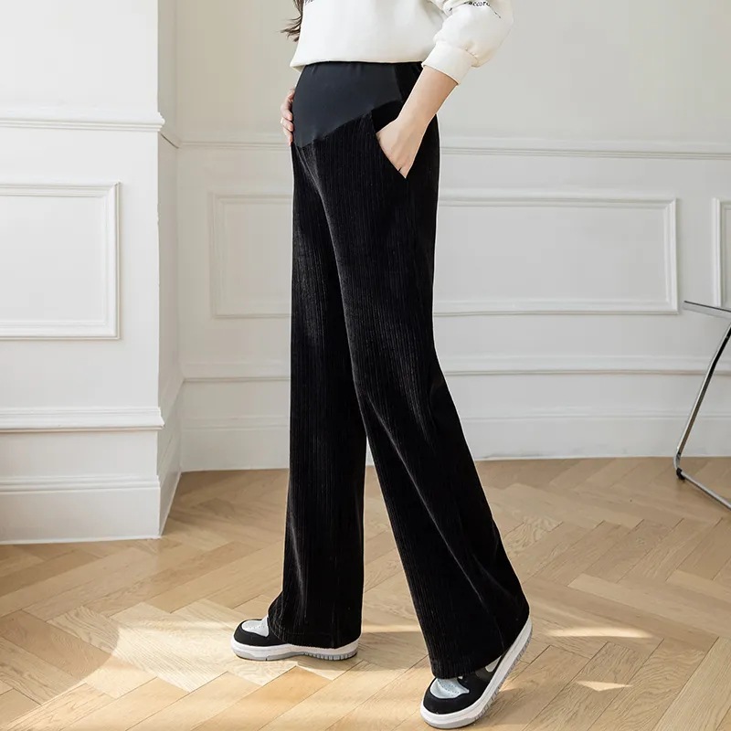 Pantalones de primavera y otoño de las mujeres embarazadas Pantalones anchos de terciopelo chenille pantalones de verano ropa exterior pantalones casuales nuevos pantalones de apoyo del vientre con forro polar rectos