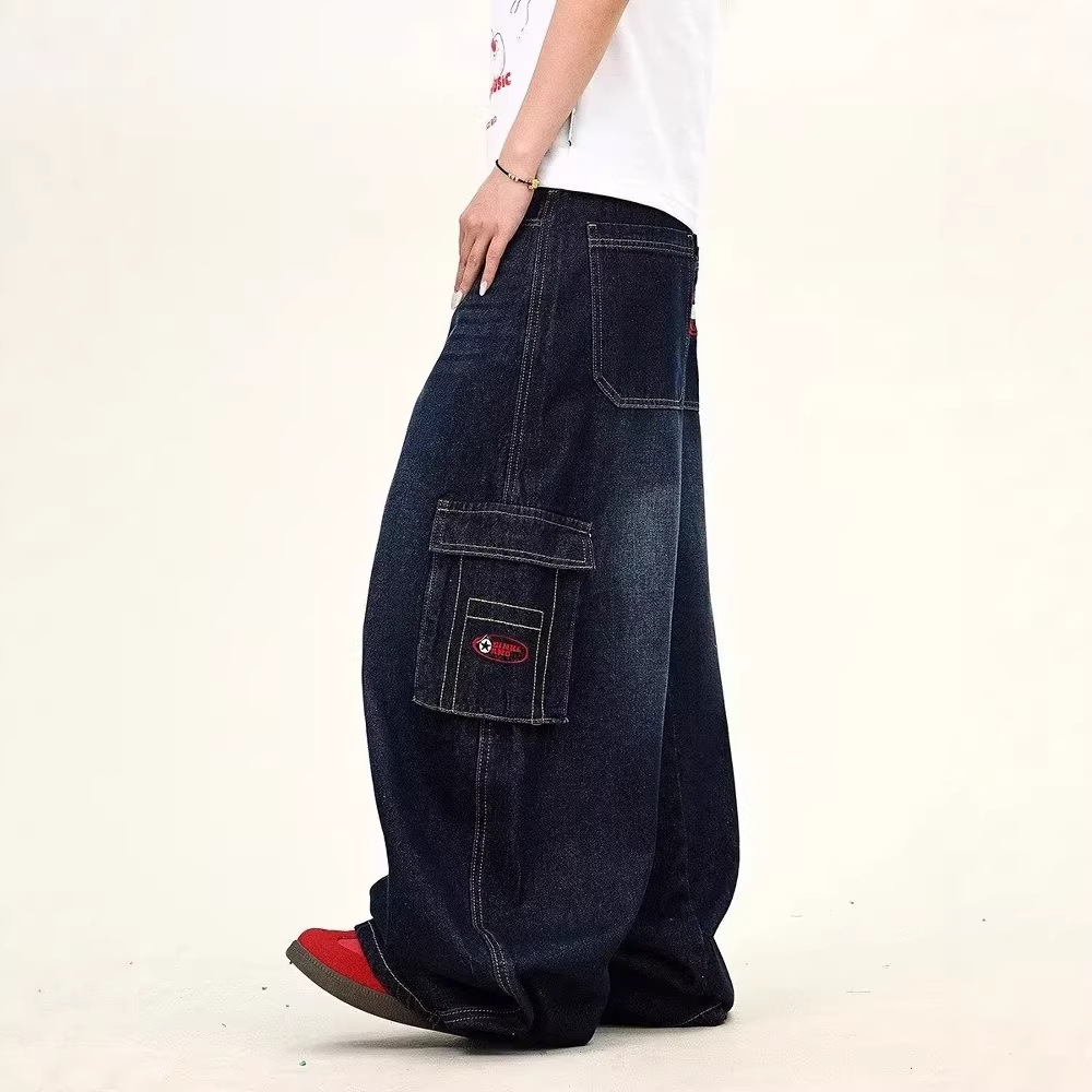 Men's Clothing Unisex Loose Fit Wide Leg Cargo Jeans Cross Border American Retro Whiskered Washed Curved Large Pockets Casual Trousers_mkmklike.com