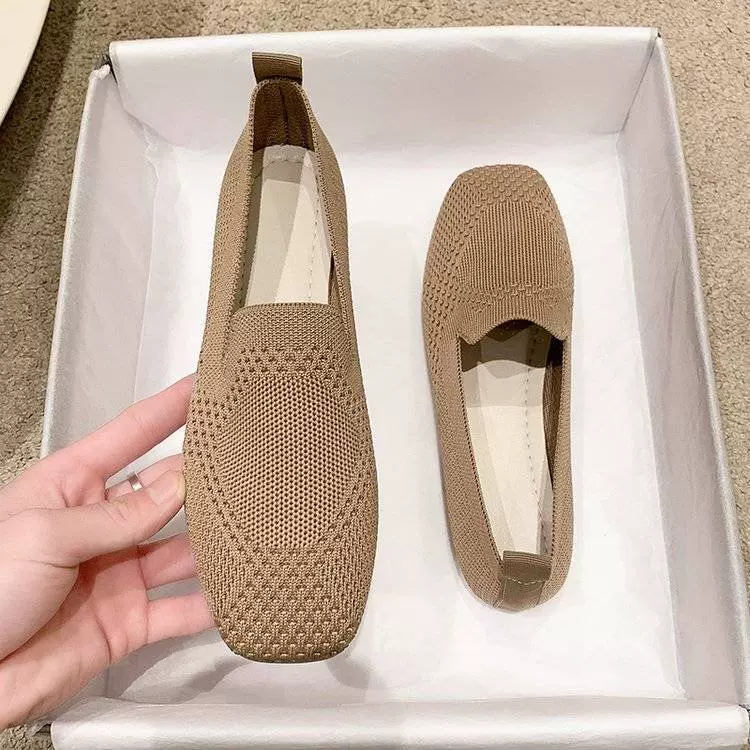 豆豆网鞋方头新款时尚百搭网面一脚蹬飞织懒人平底浅口软底瓢鞋女