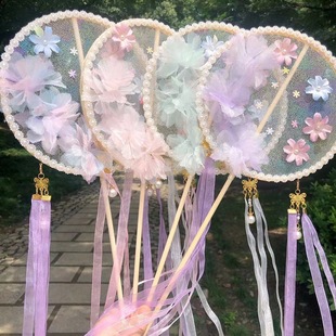 Wholesale silk flower fan antique Chinese clothing photo catwalk long handle fan stall ancient town ancient street park palace fan