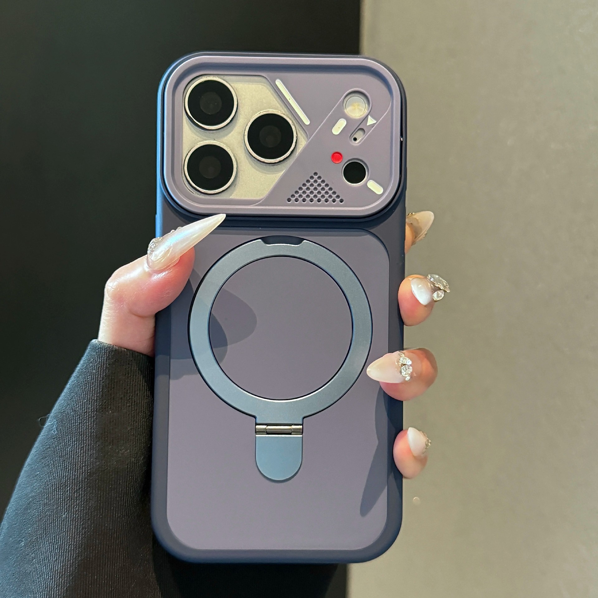 Magnetic Kickstand Matte Phone Case with Mecha Lens Frame for iPhone 17 Pro Max, 17, 16, 15, 14, 13, Shockproof Hard PC Cover