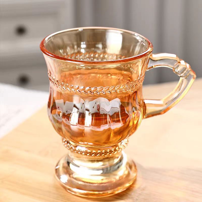 欧式杯子浮雕把手杯琥珀色小酒杯批发伴手礼咖啡杯复古水杯玻璃杯