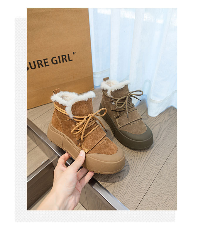 Chaussures pour femmes en cuir de vache givré et velours, bottes de neige à semelles épaisses et chaudes pour femmes, nouvelles chaussures montantes décontractées tout-match pour l'hiver_voghion.com