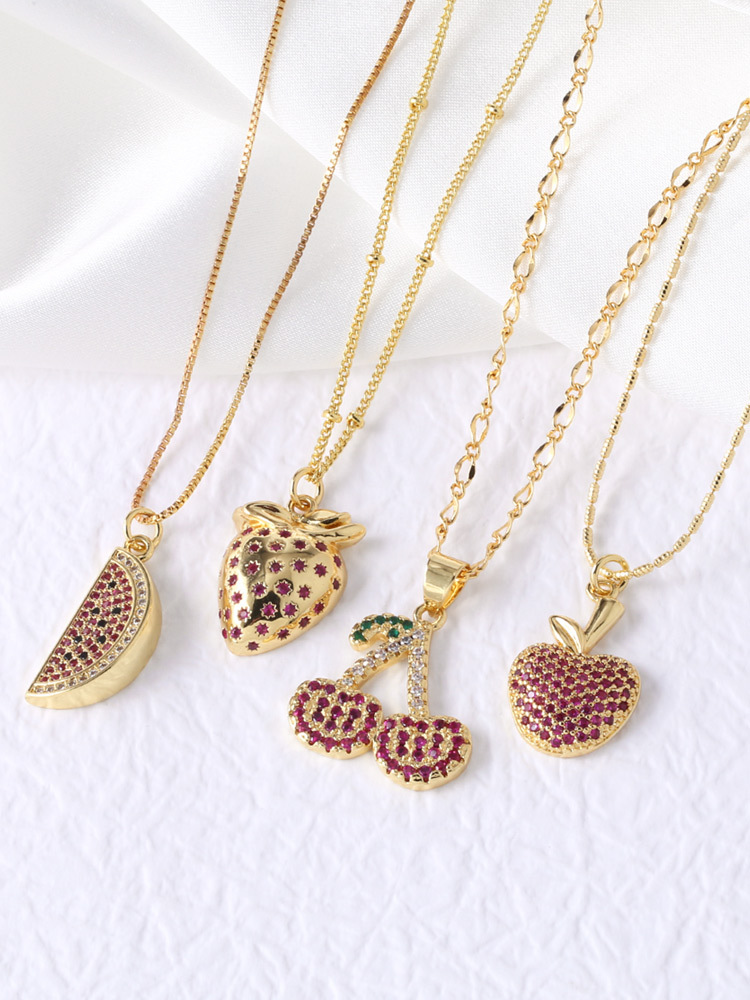Zircon Inlay Material Wholesale Jewelry Retro Cherry Fruit Strawberry Copper Zircon Plating Pendant Necklace Box Chain