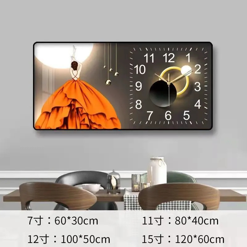 2023 nuevo restaurante pintura decorativa reloj luz comedor de lujo Fondo colgante de pared pintura cálida sala de estar reloj mural de Cristal