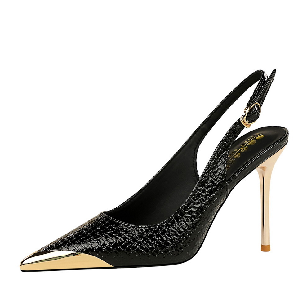 373-19 Wind High Heels Women's Shoes High Heels, Thin Heels, Shallow Mouth Metal Pointed Back Hollow Back Strap Single Shoes