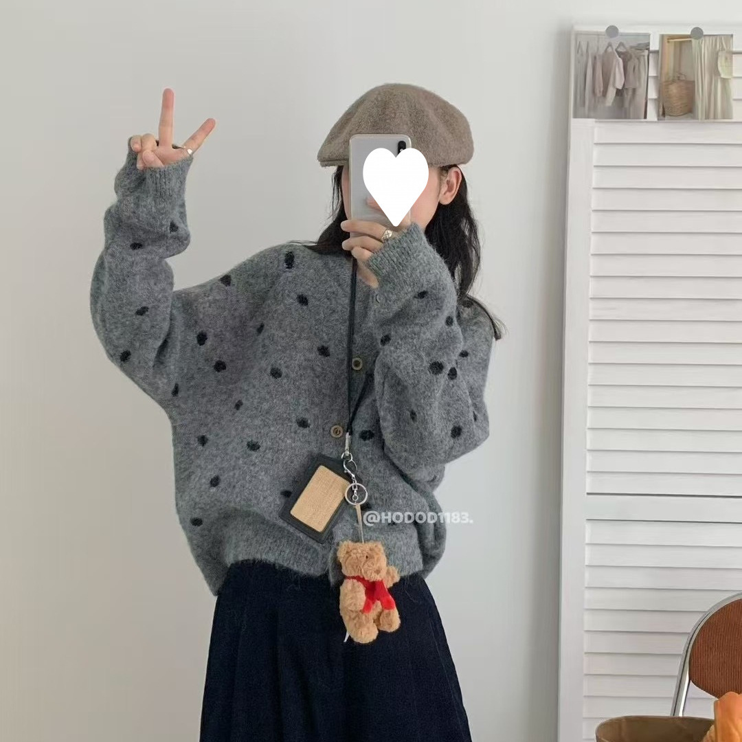 韩系波点圆领针织开衫女2025秋冬新款宽松百搭软糯慵懒风毛衣外套