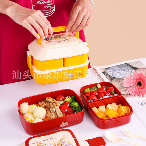 Japanese-style double-layer portable lunch box, student picnic light lunch box, office worker, portable, microwaveable, with fork and spoon