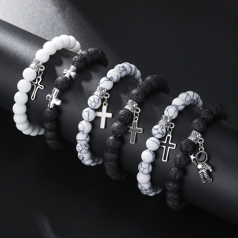 8mm White Volcanic Stone Couple Bracelet Set, Cross-Border Hot-Selling Cross Astronaut Pendant Elastic Bracelet 8mm White Volcanic Stone Couple Bracelet Set, Cross-Border Hot-Selling Cross Astronaut Pendant Elastic Bracelet