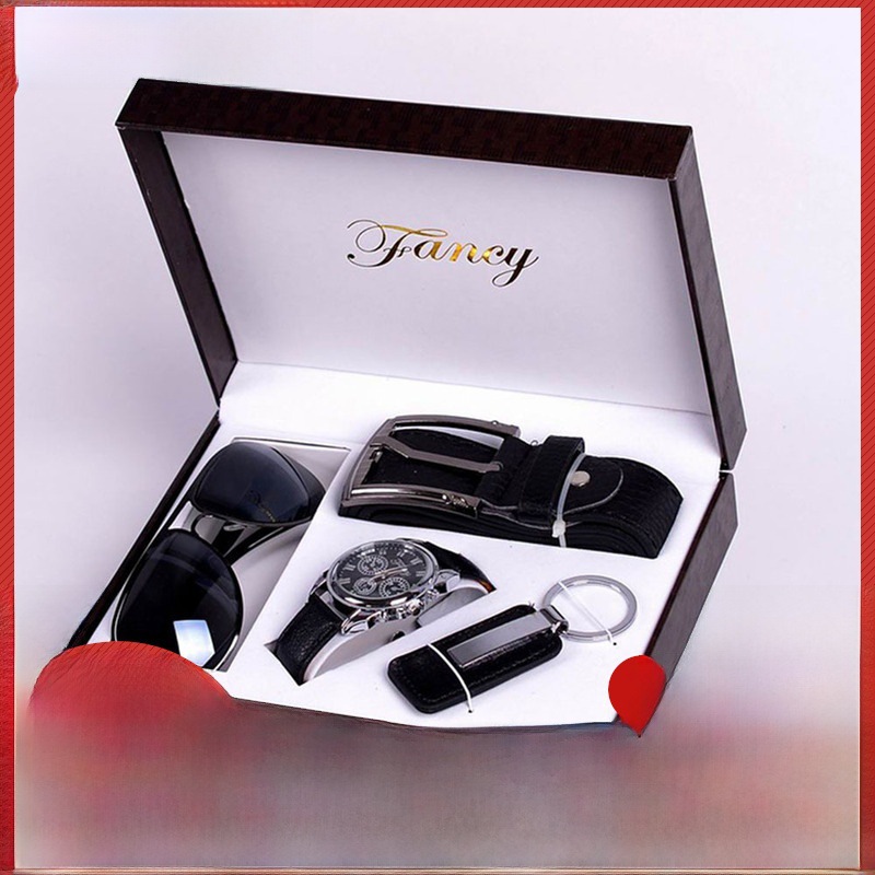 男士大表盘时尚个性圆形PU带石英手表礼品套装（4Pcs/set)