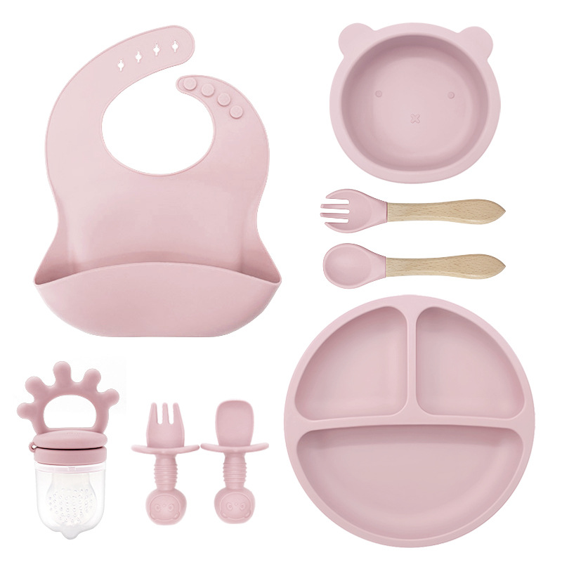 Set de ocho piezas (baudón + ventosa pequeña + tazón de oso pequeño + mordida de la corona + cuchara de tenedor de madera + cuchara de tenedor de oso pequeño) polvo de lotus