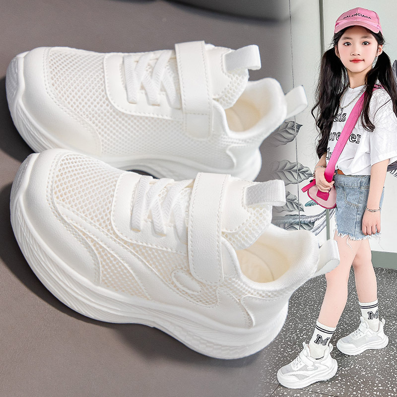 61白い靴の夏の薄いタイプの子供の運動靴のシングルネットの通気性の夏の新型の女の子のランニング靴の透網面|undefined