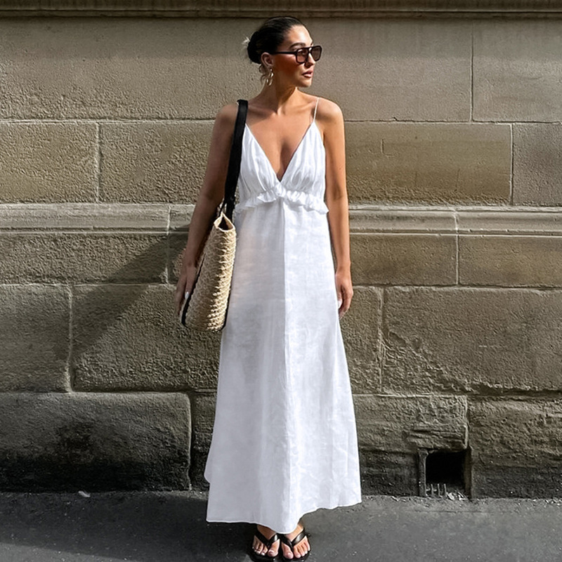 European and American Cross-border Fashion White Deep V-neck dress Women's Summer Simple Loose Cotton and Linen Ruffled A- line Dress Women's Clothing European and American Cross-border Fashion White Deep V-neck dress Women's Summer Simple Loose Cotton and Linen Ruffled A- line Dress Women's Clothing