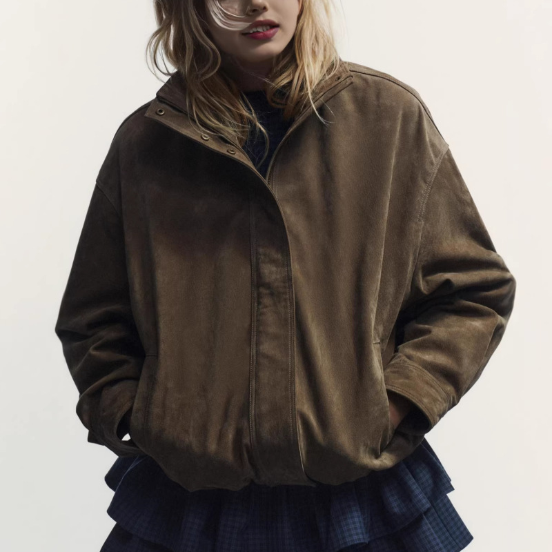 Amazon European and American Women's Clothing 2025 Spring and Autumn Suede Texture Lapel Zipper Button Bomber Jacket