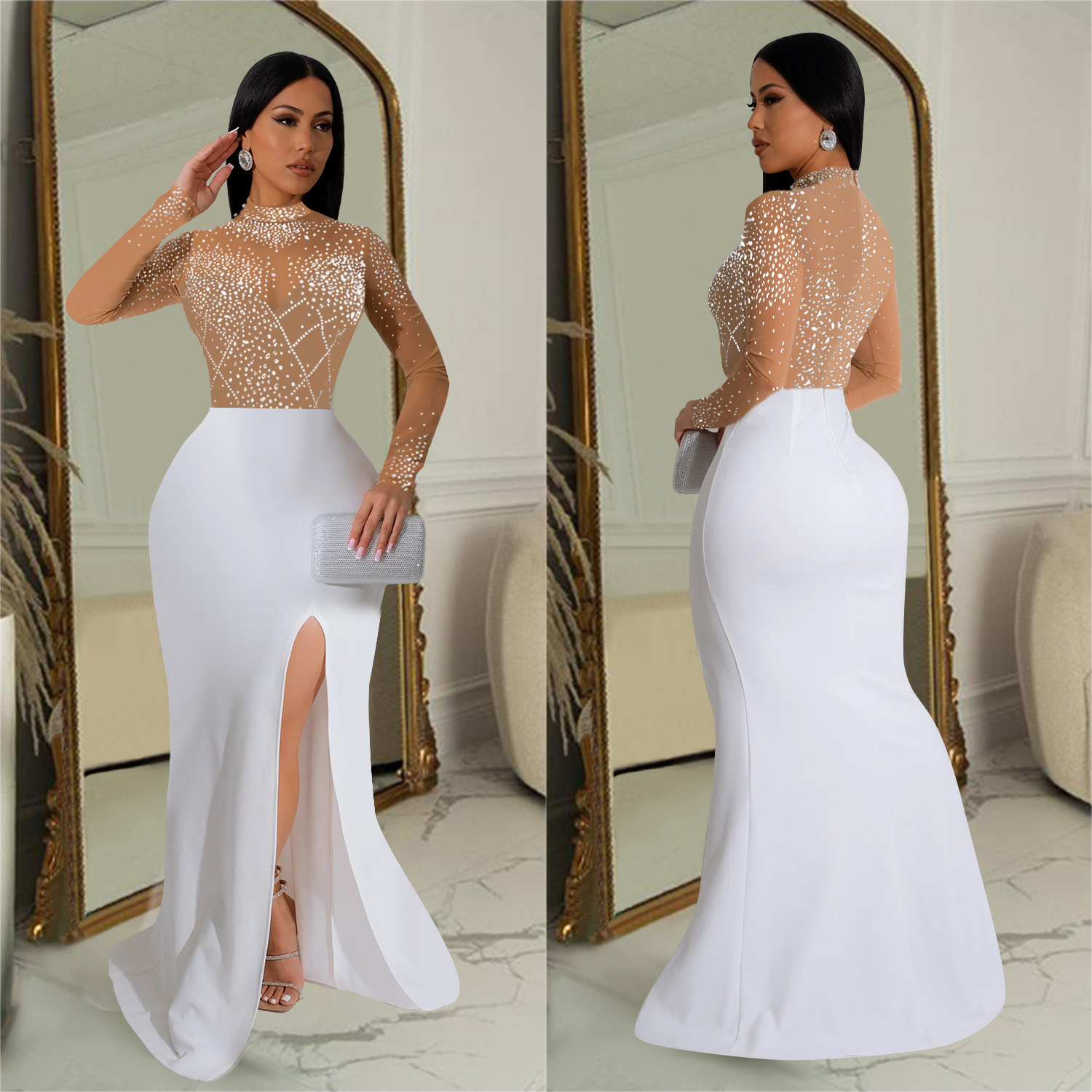 C7045 Aliexpress transfronterizo Amazon estación independiente de moda europea y americana ropa de mujer con perforación en caliente vestido largo nuevo image 5