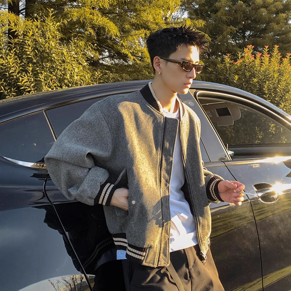 灰色短款毛呢外套男春秋美式复古夹棉棒球服高级感加厚飞行员夹克
