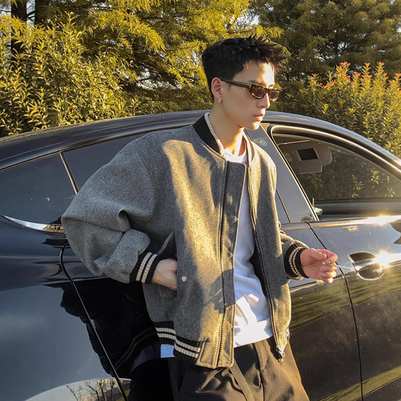 Gray Short Woolen Jacket Men's Spring & Fall American Retro Quilted Baseball Uniform High-End Thickeneded Bomber Jacket