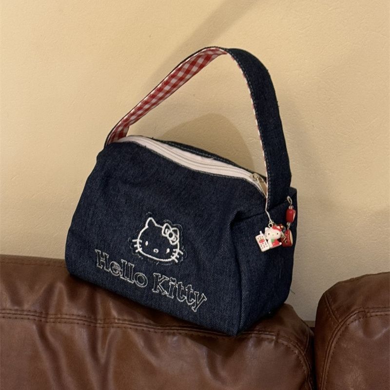 ins かわいい新しい刺繍キティデニム通勤バッグポータブル収納外出大容量コントラストカラーハンドバッグ|undefined