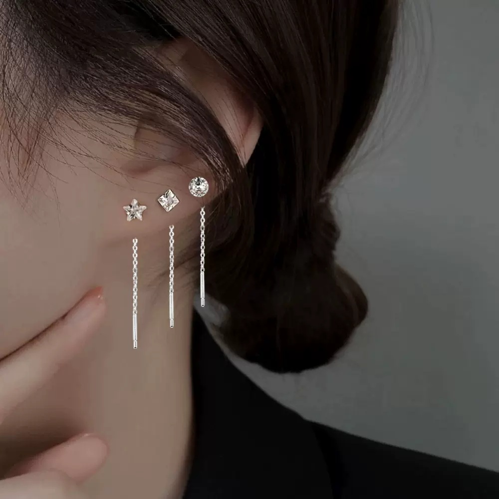 几何方形锆石流苏耳线气质简约单钻圆形星星耳环甜美爱心流苏耳链