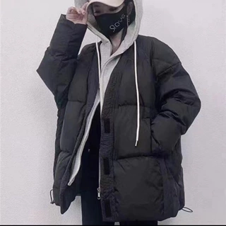 卫衣帽拼接假两件羽绒服女中长款韩版宽松2025新款加厚面包服外套
