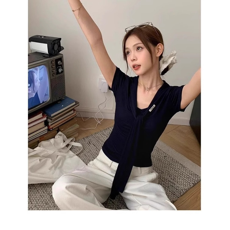 【260gレーヨンモダール】レディース右肩Vネック半袖Tシャツ、新作ネイビーカラーショールデザイントップス|undefined