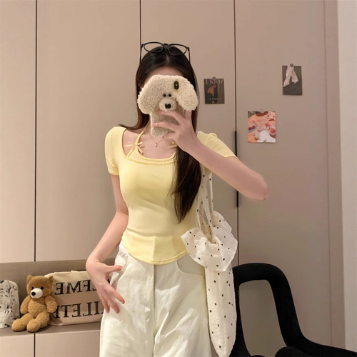 5095# Summer new style bow fake two-piece halter neck tie short sleeve T-shirt for women sweet hot girls slim curved short style