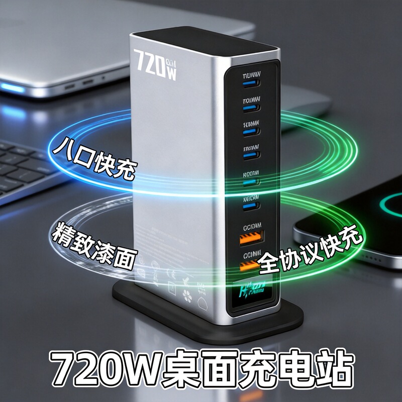 Private Model Hot-Selling Product | 720W Gallium Nitride Charger Fast Charging Head 8-Port Desktop Charging Station Suitable for Mobile Phones and Laptops