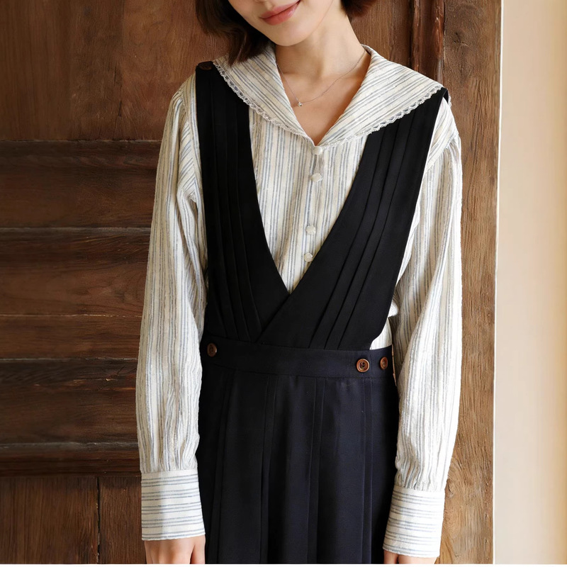 "White Drawing Studio" "Oregon Coast" 26Ss Early Spring New Selection Navy Collar Blue Striped Shirt