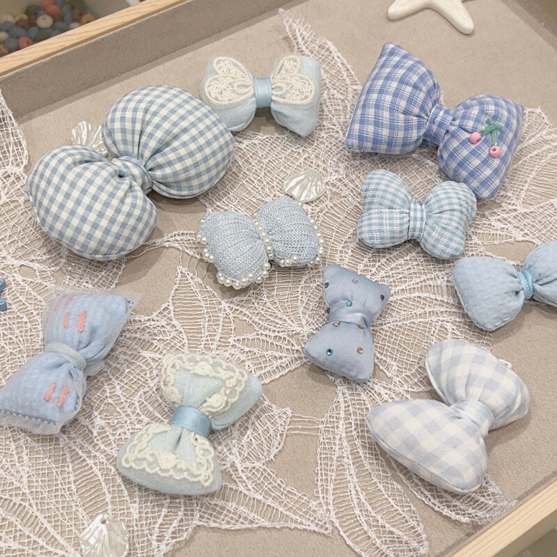 2025 New Style Blue Plaid Cotton-Filled Bow DIY Fabric Hair Accessories Cute and Sweet Handmade Ornaments