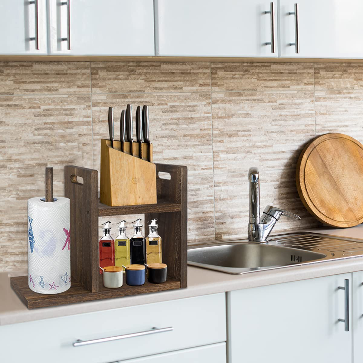 Solid wood kitchen multi-layer condiment storage rack roll paper…