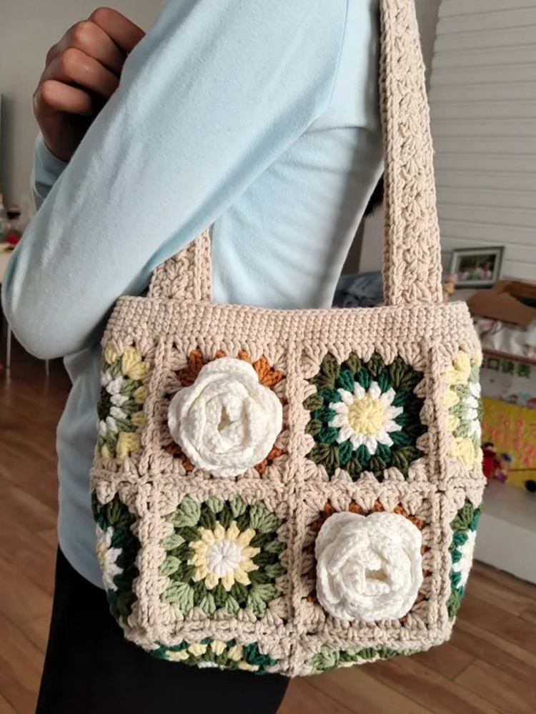 Granny Ge camellia lana tejida a mano bolsas grandes ganchillo diy material bolsa ganchillo regalo en polvo hecho a mano