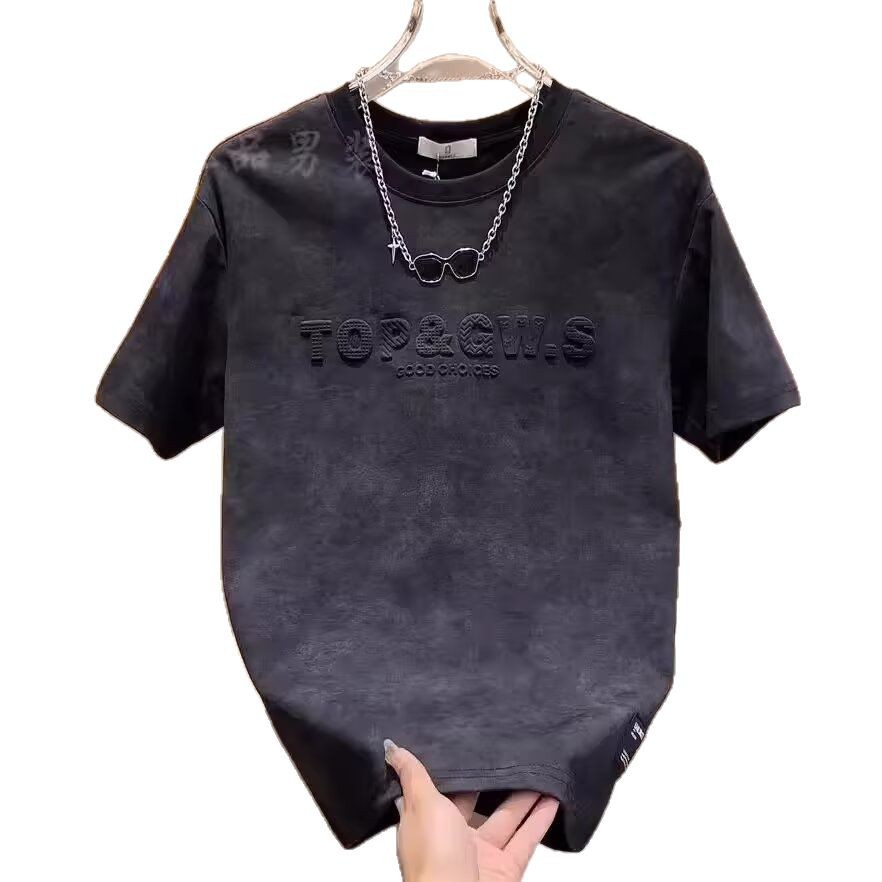 Camiseta de manga corta para hombres de verano, seda de hielo transpirable, nuevo estilo retro jacquard casual, suelto, versátil, cuello redondo, chaqueta de moda