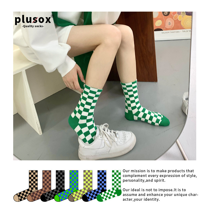 plusox checkerboard checkered socks women's ins trendy Spring and Autumn Mid-tube socks trendy street skateboard trendy brand autumn and winter stockings
