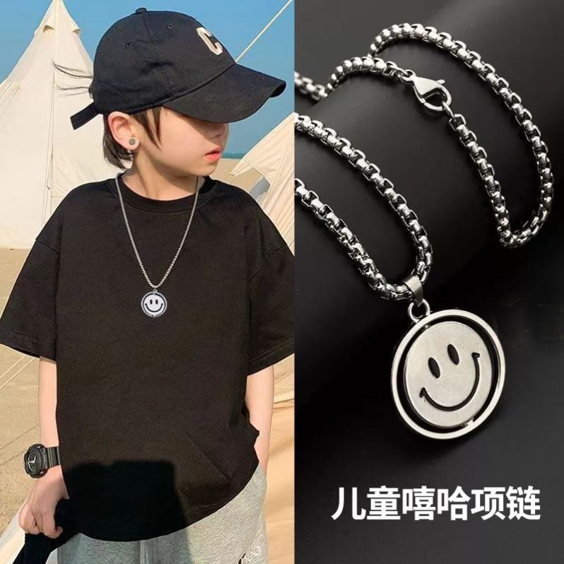 Children's Necklace Trendy Boys and Girls Street Dance Accessories Western Girl All-match Smiley Pendant Handsome Boy Titanium Steel Chain