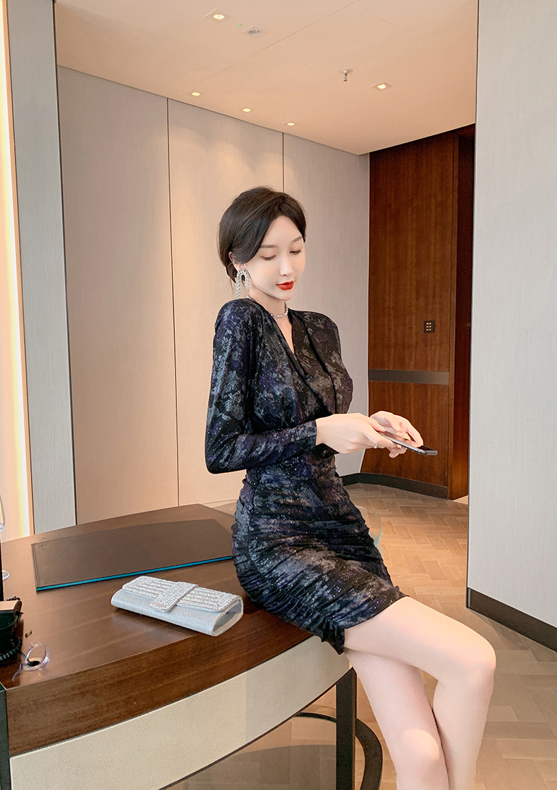 Đầm ôm body nữ cổ cọc Jacquard thêu hoa nhũ — Màu tím đen chi tiết 13