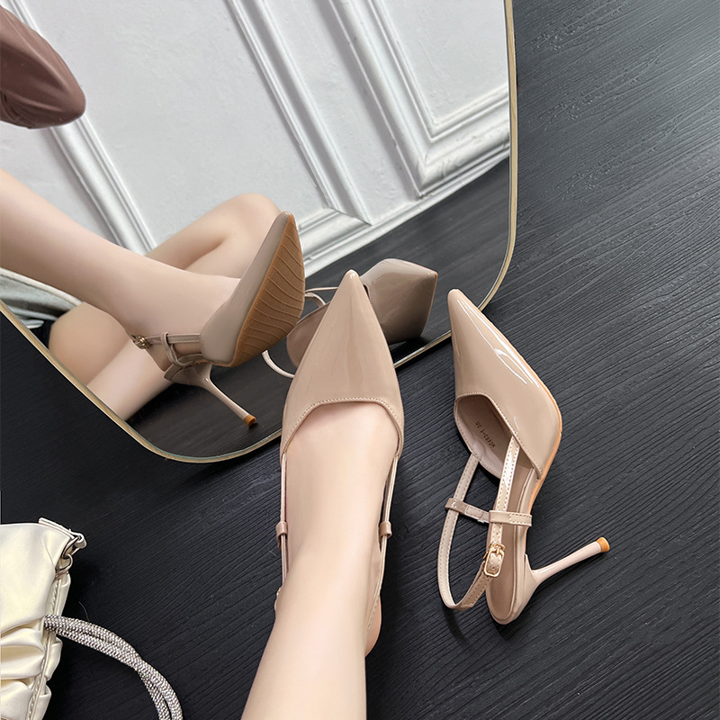 Women's Pointed-Toe Sandals with a Fairy-Like Style, Nude Color, Open Back, Ankle Strap, Stiletto Heels, Fashionable, Spring 2024