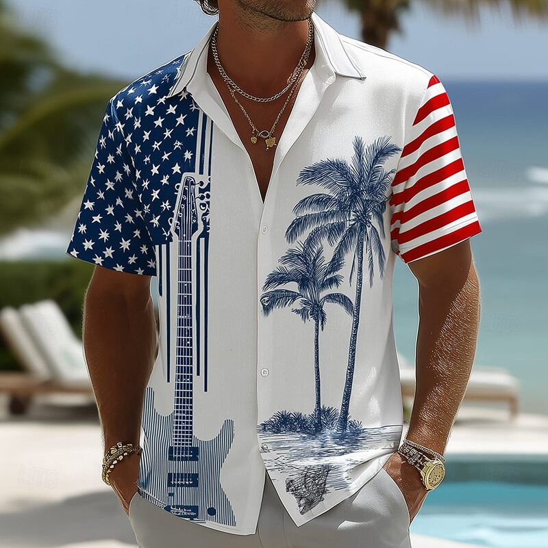 Guitar and coconut tree print short-sleeve shirt, ice silk, breathable, loose fit, men's beach vacation trendy collared shirt Guitar and coconut tree print short-sleeve shirt, ice silk, breathable, loose fit, men's beach vacation trendy collared shirt