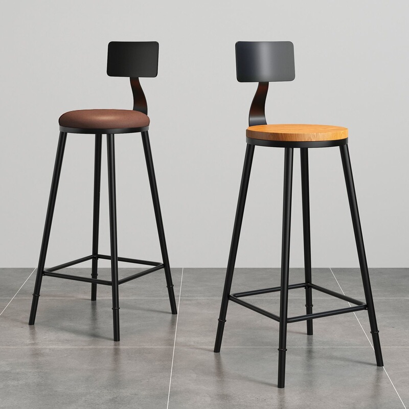 Modern Minimalist Bar High Stool with Backrest, Solid Wood Vintage High Iron Bar Chair, American-Style Bar Chair