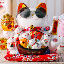大号12寸招财猫电自动摇手电池发财猫收银台摆件红色吉祥福建陶瓷
