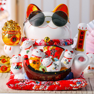 Large 12-inch Lucky Cat Electric Automatic Hand-shaking Battery Lucky Cat Cashier Decoration Red Auspicious Fujian Ceramics
