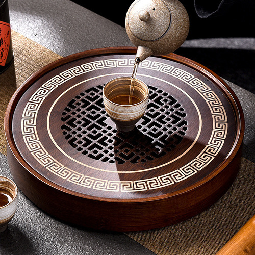 Bamboo water-holding round tea tray for home hospitality retro tea table tea tray Kung Fu tea set tea sea dry soaking tray drain tray