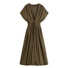 亚马逊批发夏季新款女装套头打褶垂肩短袖系带迷笛连衣裙2965260