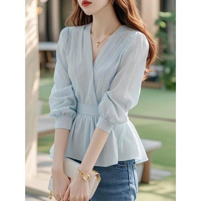 Autumn blue shiffon shirt, french style, western style