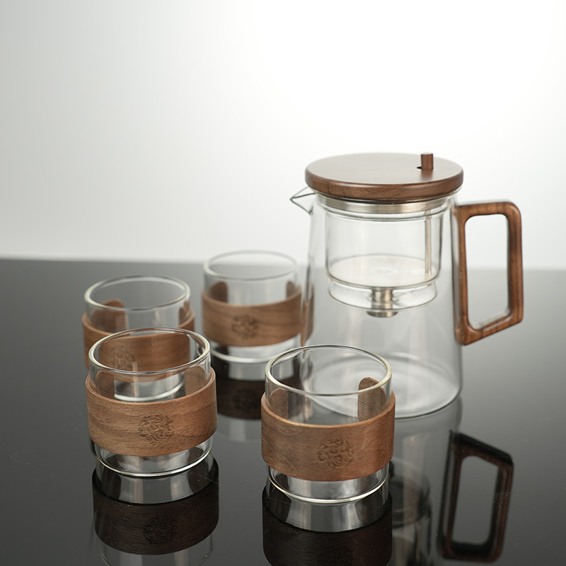 Piaoyi taza tetera filtro de un solo clic nogal resistente a altas temperaturas revestimiento de vidrio completo taza de separación de té juego de té de alta gama