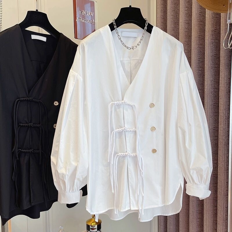 2025 Spring/Summer New Designer Style Collar National Style Tassel Button Shirt Women's Loose Niche Top