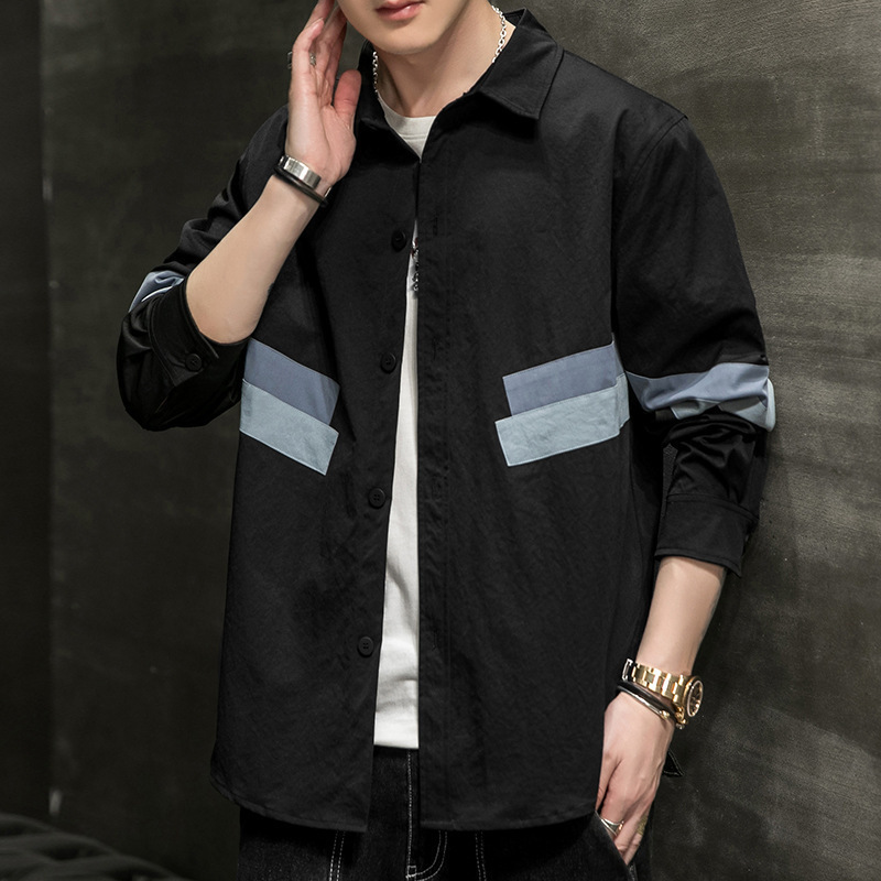 日系学院风秋季休闲衬衣情侣款宽松长袖外套撞色拼接条纹衬衫男潮