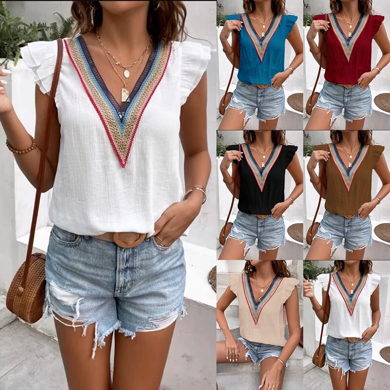 Amazon Aliexpress New Summer Style College-Style V-Neck Pullover Lace-Trimmed Ruffle Sleeve Shirt