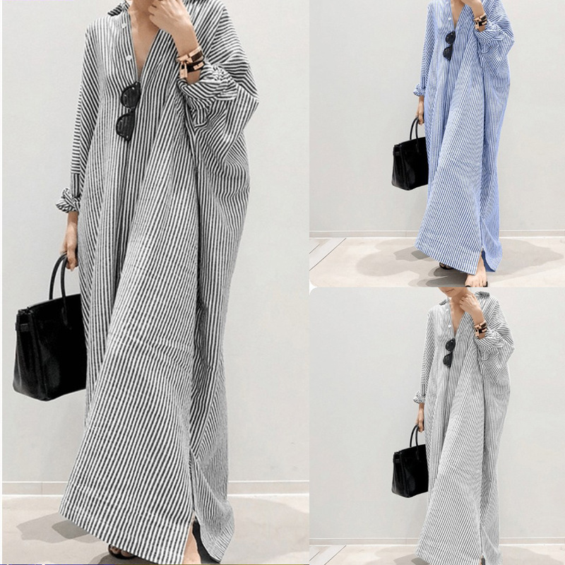 Cross-border foreign trade plus size women's wholesale long skirt striped straight skirt shirt skirt loose coat seven-point sleeve dress