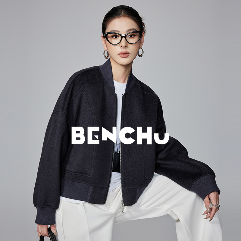 [Ben Chu] Fall/Winter New Rib Stitching Collar Zipper Wool Coat Women's Short Coat Women's Jacket Baseball Suit