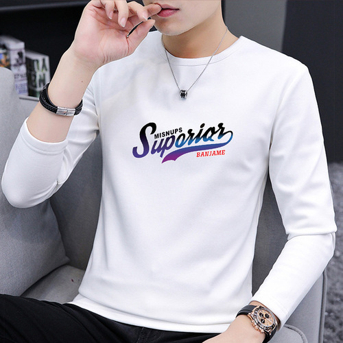 Autumn New Long-Sleeved T-Shirt for Men — Autumn New Thin Korean-Style Slim-Fit Trendy Printed Top in Stock, Men's Clothing